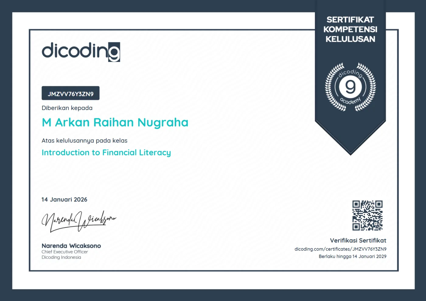 Certificate: Introduction to Financial Literacy