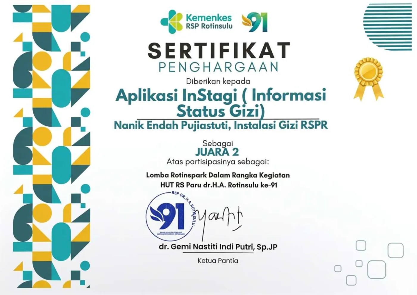 Certificate: Second Place, Rotinspark Competition