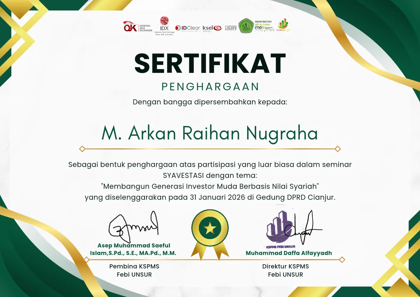 Certificate: Seminar SYAVESTASI