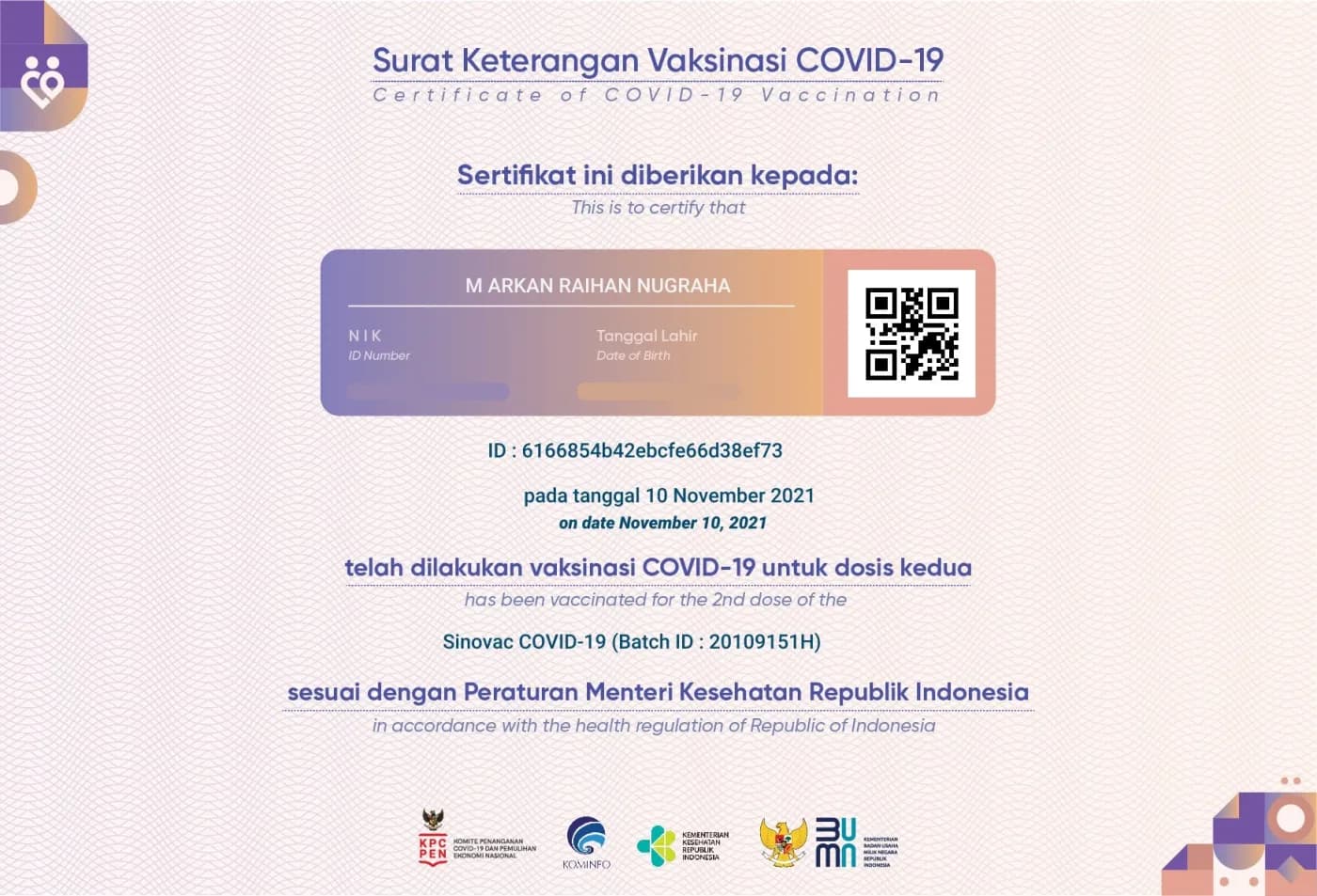 Certificate: COVID-19 Vaccination, Second Dose